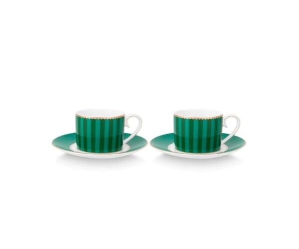 Love Birds Yeşil Çizgili İkili Kahve Fincanı Seti