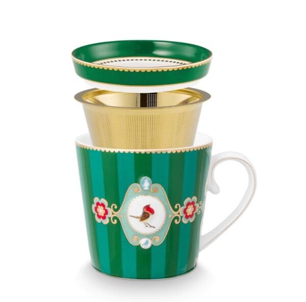 Love Birds Yeşil Çizgili Tek Kişilik Çay Seti 250 ml