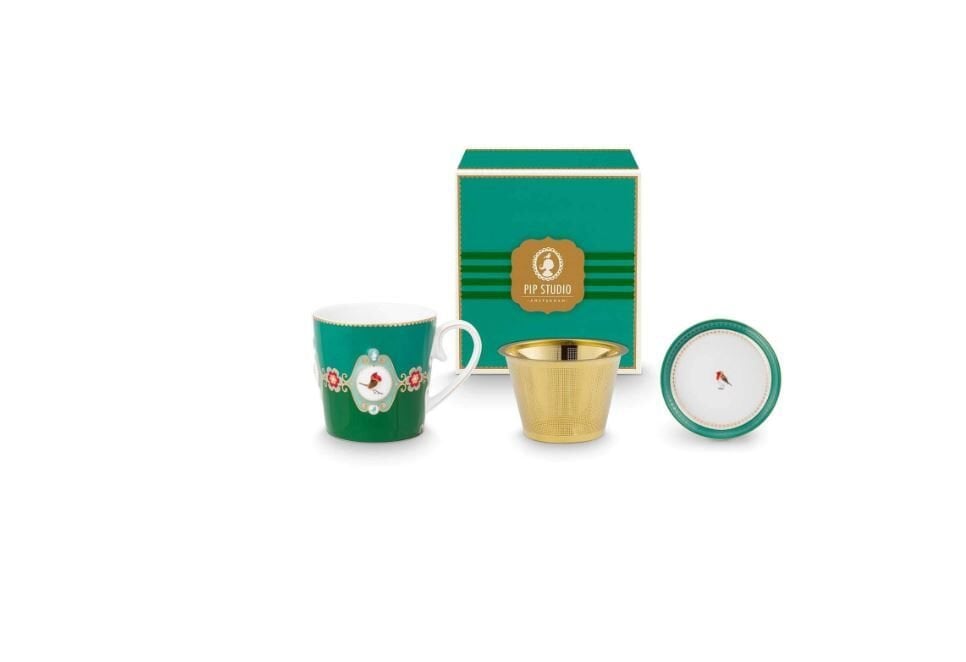 Love Birds Yeşil Renkli Madalyon Desenli Tek Kişilik Çay Seti 250 ml