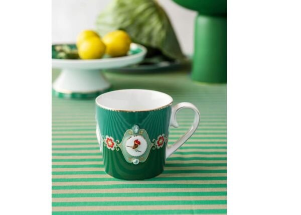 Love Birds Yeşil Renkli Madalyon Desenli Tek Kişilik Çay Seti 250 ml