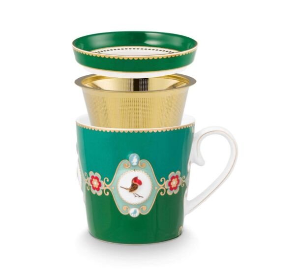Love Birds Yeşil Renkli Madalyon Desenli Tek Kişilik Çay Seti 250 ml
